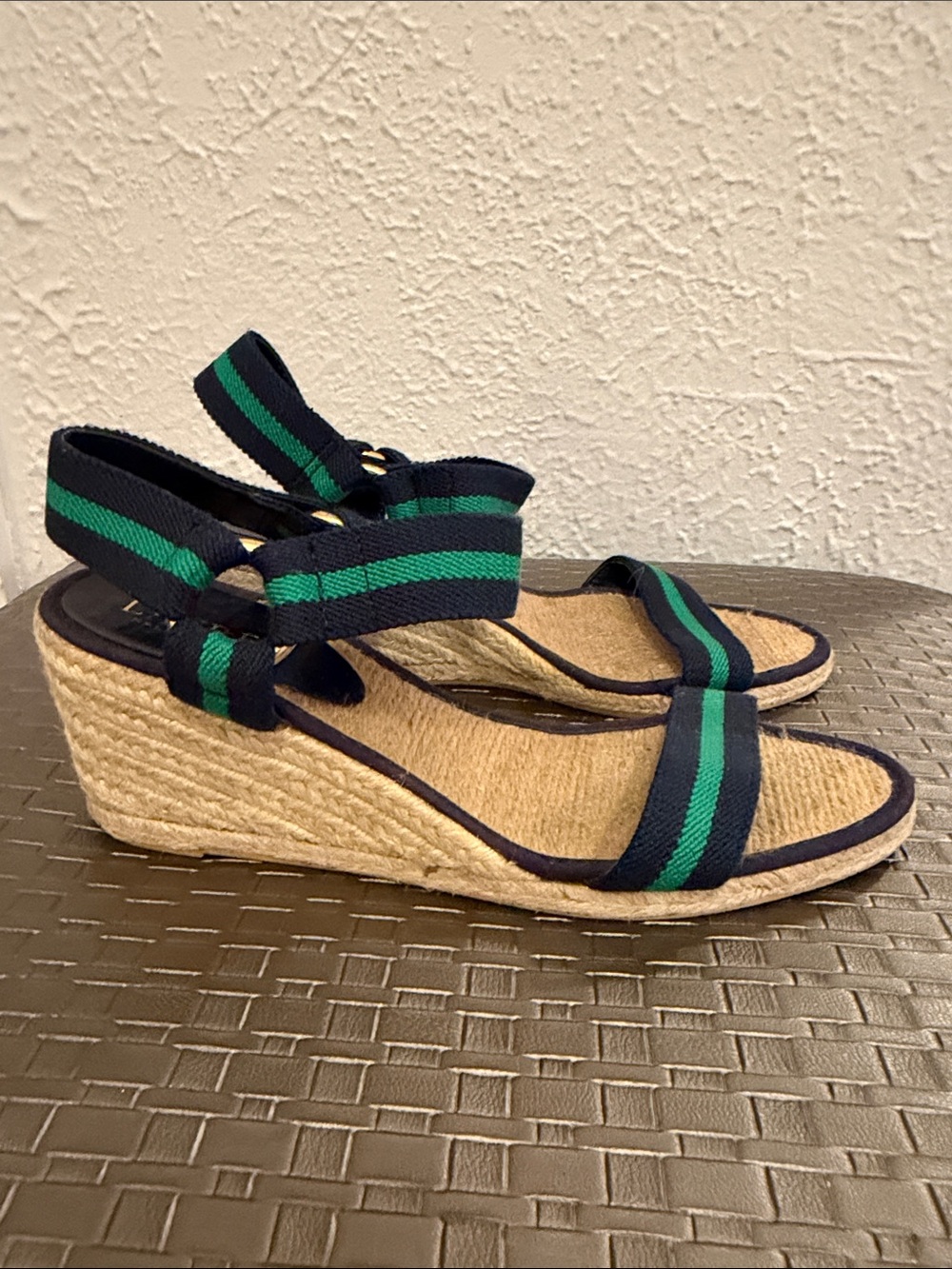 Ralph Lauren Navy and Green Striped Espadrille Wedges